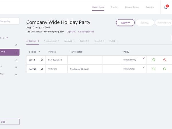 TempoTrip Mission Control dashboard listing bookings for a company event, with traveller names, travel dates, policy and approval controls