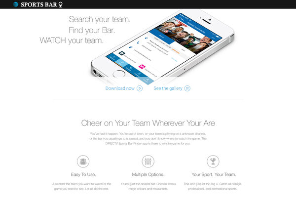 DIRECTV Sports Bar Finder landing page, showing the app on an iPhone above a three-column feature row
