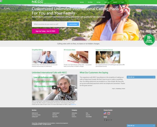 NECC marketing site for international calling plans, with a rate-lookup form and plan comparison