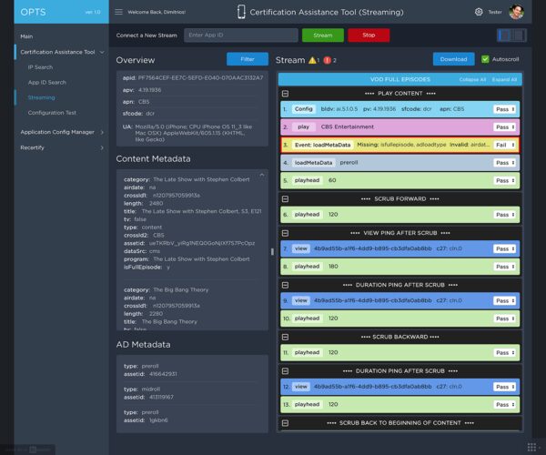 Nielsen OPTS Certification Assistance Tool: stream metadata panel beside a live event log with colour-coded pass and fail rows